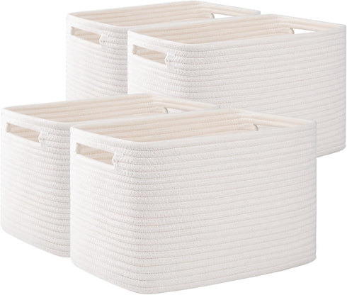 OIAHOMY 4 Pack Storage Baskets for Organizing, Woven Rectangle Baskets with Handles, 12.7''Lx9''Wx7.8''H, White