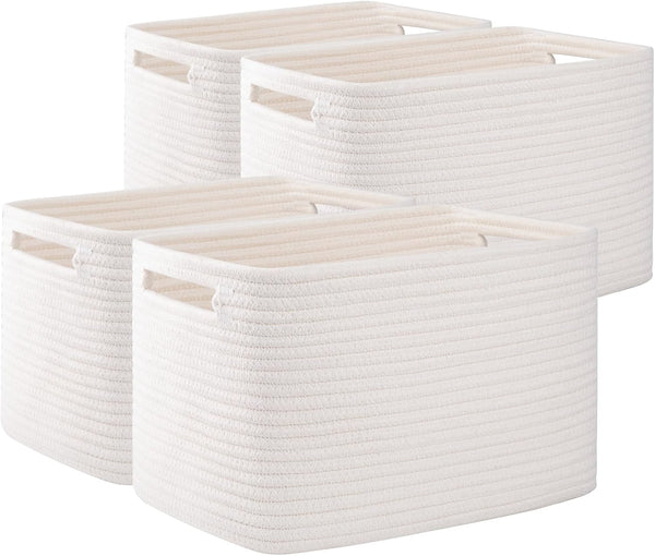OIAHOMY 4 Pack Storage Baskets for Organizing, Woven Rectangle Baskets with Handles, 12.7''Lx9''Wx7.8''H, White