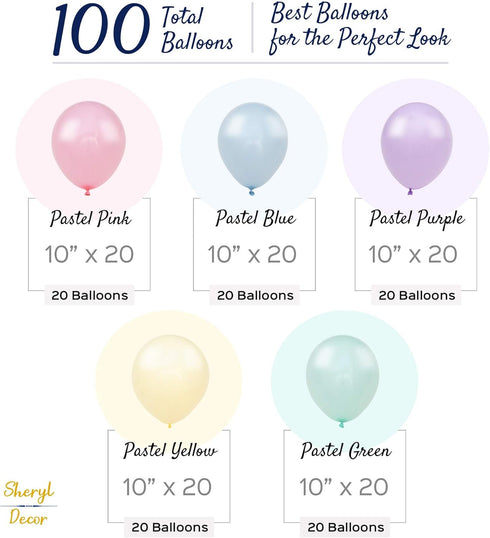 100 Pastel Balloons for Parties 10 Inch Latex Decorations for Easter or Rainbow Supplies - Blue, Purple, Yellow,