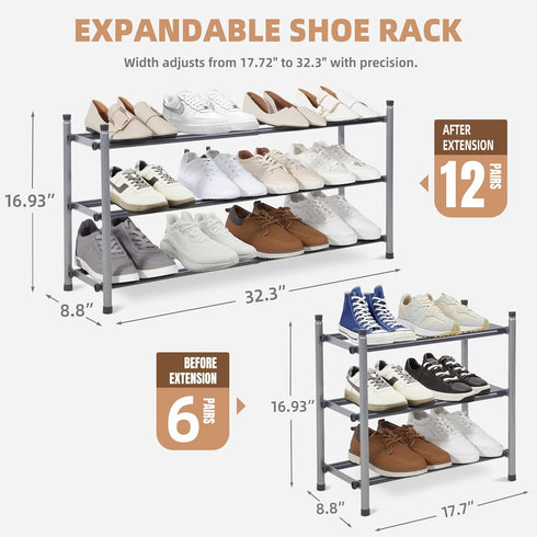 12 Closet, 3 STORAGE MANIAC Expandable Shoe Rack, Pairs Stackable Small Shoe Rack, Metal Adjustable Shoes Organizer