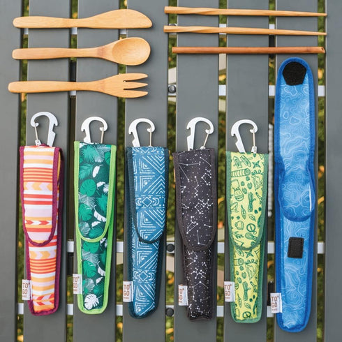 Premium Reusable Bamboo Utensil Travel Set, Includes Fork, Knife, Spoon, Chopsticks & Carabiner Clip, Eco-Conscious