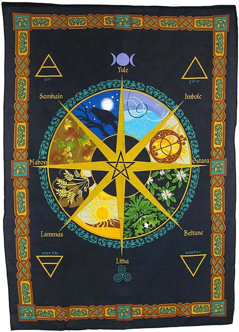 Pagan Wheel of The Year Tapestry, Natural Cycle Cotton Tapestry, 52" x 76"