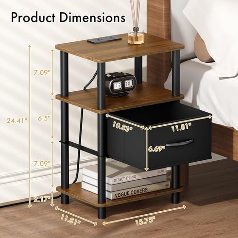 3-Tier 2-Min Bedroom Nightstand with Charging Station, Bedside Table with Adjustable Fabric Drawer, Night Table