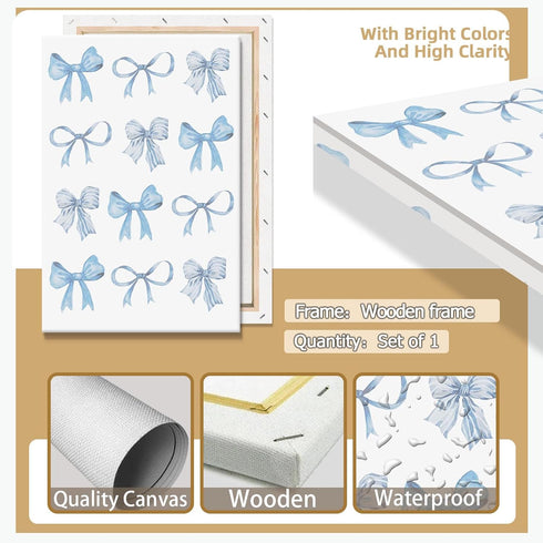 Pnsoien Trendy Blue Bow Canvas Wall Art - Watercolor Light Blue Bow Prints for Bedroom Living Room 12x16in Framed