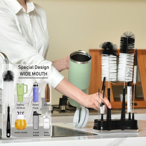 ALINK 8 Pack Black Bottle Brush Cleaning Set - Long Handle Bottle Cleaner with Holder for Narrow Neck Bottles