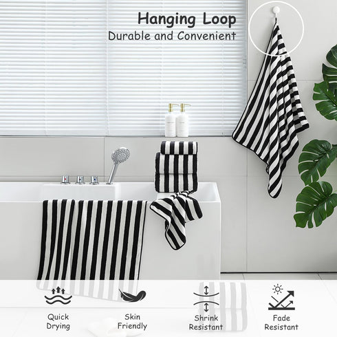 18 Set Loop-6 Towels,6 Towels,6 Set Pcs Black White Stripe Bath Towel with Hanging Bath Hand Washcloths Soft Family