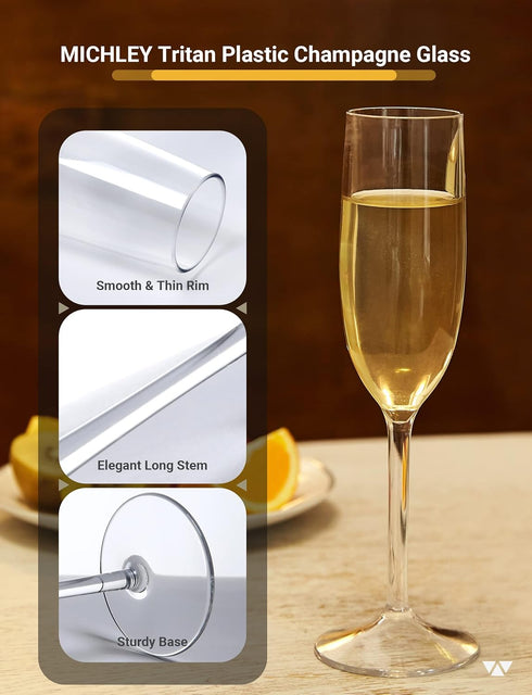 MICHLEY Tritan Champagne Flutes Glassware, Set of 4 Unbreakable Plastic Wine Glasses, 6 oz, Crystal Clear