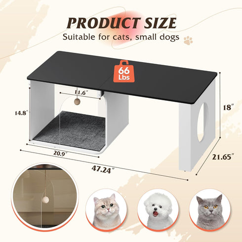 2-in-1 WLIVE Coffee Table, Cat Wood Coffee Table with Lagre Storage Tabletop, Modern Center Table Cat House with Cat