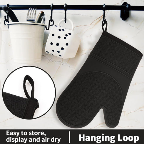 2PCS Silicone Oven Mitts, Black Oven Gloves with Non-Slip Waterproof, Heat Resistant 600 Degree for Cooking Baking
