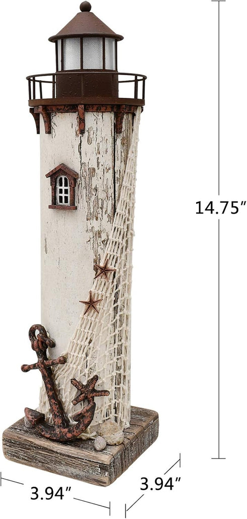 Attraction Design Wooden Lighthouse Decor with Light, Decorative Nautical Lighthouse Nightlight Rustic Ocean Sea Beach