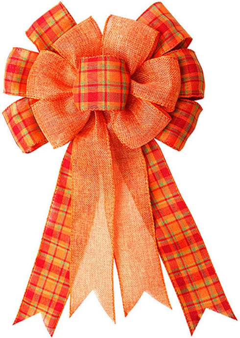 Large Orange Buffalo Plaid Burlap Bow for Thanksgiving, Fall, Christmas - Wreath, Tree Topper, Indoor/Outdoor Decoration
