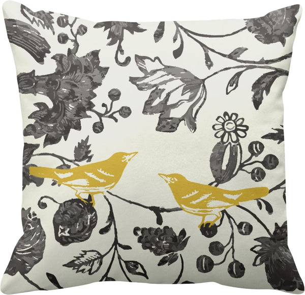 Emvency Decorative Throw Pillow Cover, 16x16 Inches, Trendy Yellow Gray Ivory Vintage Floral Bird Pillowcase