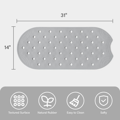 31x14 Inch, Rubber Bathtub Mat Shower Mat Non-Slip, Bath Tub Floor Mat with Suction Cups and Drainage Holes, Grey