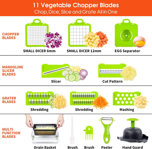 Vegetable Chopper - Pro Onion Chopper, 14 in 1 Multifunctional Food Chopper with 8 Blades and Container (Grey)