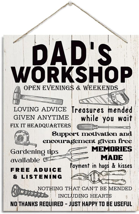 Rustic Dad's Workshop Sign - Father's Day Gift Idea from Daughter Son, Inspirational Decor for Garage, Tool Room