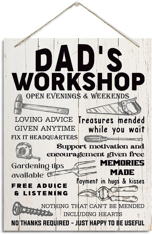 Rustic Dad's Workshop Sign - Father's Day Gift Idea from Daughter Son, Inspirational Decor for Garage, Tool Room