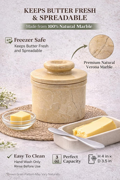 4" 90ml/3oz Verona Marble Butter Keeper - French Butter Crock with Lid - Freezer Safe Stone Butter Dish - Capacity
