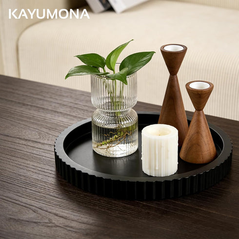 KAYUMONA 11" Counter Modern Decorative Tray for Coffee Table, Wooden Black Round Small Decor Tray for Candle, Perfume