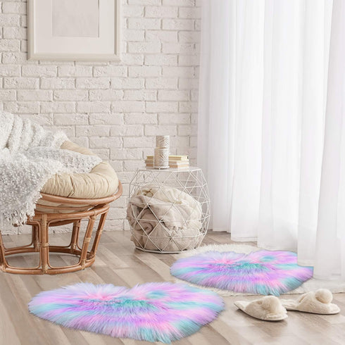Mudder 2 Pieces Heart Shaped Rug, Faux Fluffy Carpet Door Mat for Bedroom, 12 x 16 Inch (Pink, Purple, Green)