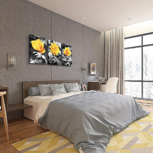 Canvas Wall Art - Black and White Yellow Rose Flowers Paintings - 12" x 16" - 3 Pieces Framed Modern Office Home Decor