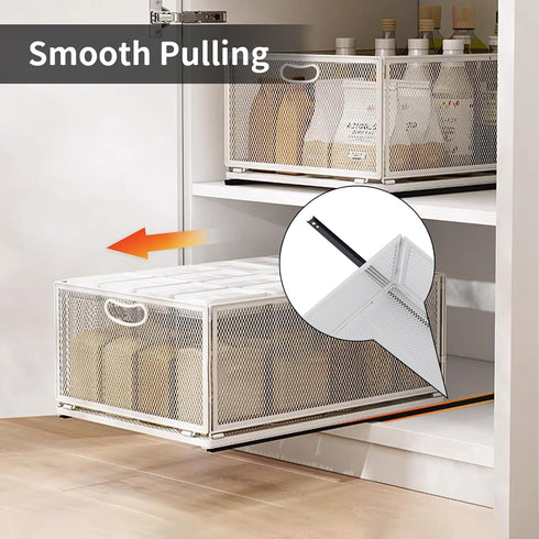 Sliding Cabinet Basket Organizer, Heavy Duty Carbon Steel Self Adhesive Slide Out Pantry Storage Basket