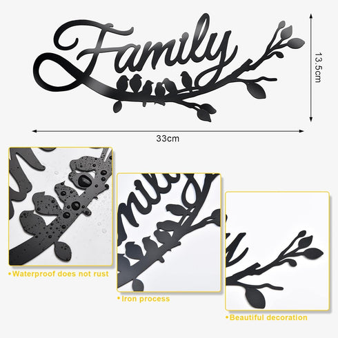 Family Wall Decor Metal Sign, Cursive Word Black Iron Home Art for Rustic Kitchen Decoration