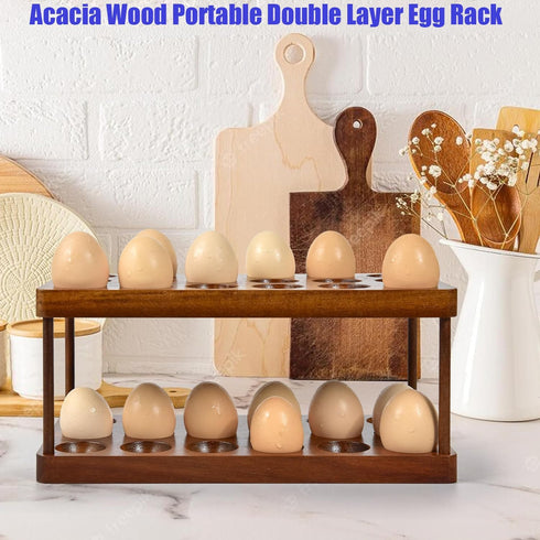 Wooden Double Layer Egg Holder, 36 Capacity Farmhouse Kitchen 2 Tier Fresh Egg Storage Rack for Countertop
