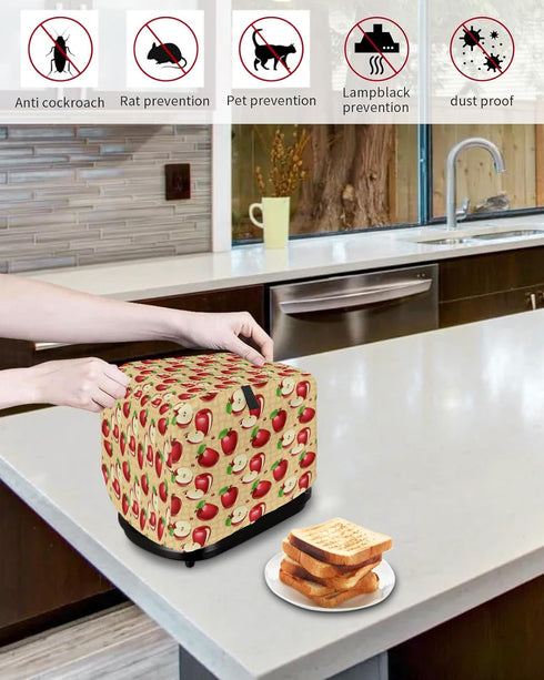 Toaster Dust Cover with Pockets, Red Sliced Apples & Green Leaves, Soft Washable 4 Slice Cover for Fingerprint