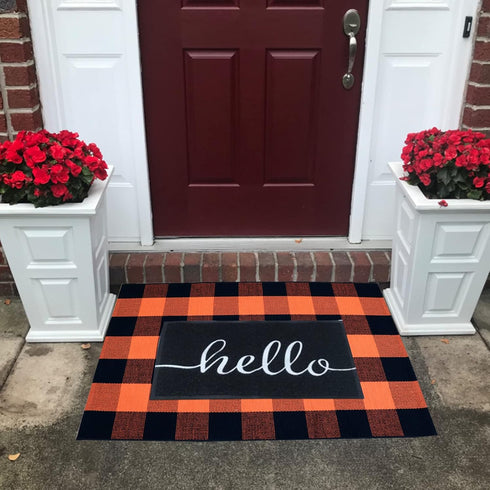 Cotton Orange and Black Plaid Rug - 27.5''x43'' Hand-Woven Washable Decorative Mat for Fall Outdoor Entryway