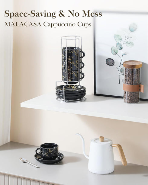8 OZ Set 4, Set MALACASA Porcelain Espresso Cups with Saucers and Metal Stand of Stackable Cappuccino Cups, Marble