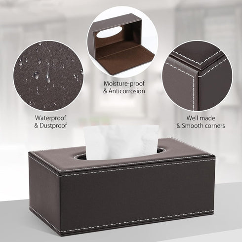 KINGFOM Rectangular PU Leather Tissue Box Cover - Brown Napkin Holder for Bathroom, Home, Office, Car