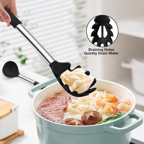 TeamFar Silicone Pasta Fork and Ladle Spoon Set, 2 Pcs Large Nonstick Kitchen Utensils with Stainless Steel Handle for