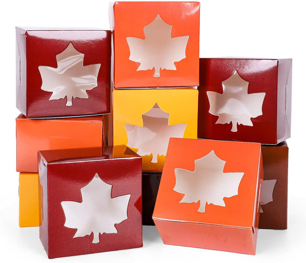 AnyDesign 24Pcs Fall Treat Boxes, 4 Colors Cardboard Box with Maple Leaf Shape Window for Cookie Party Favors
