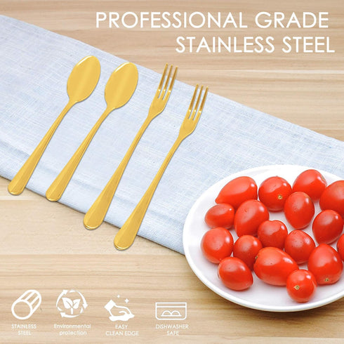Set of 16 Gold 4 Inch Demitasse Espresso Spoons and 4.8 Inch Stainless Steel Forks for Dessert