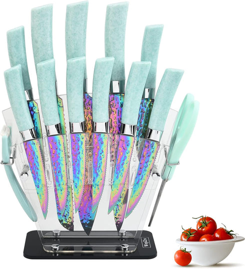 Rainbow Knife Set with Acrylic Block, Kitchen Knives Set, Thick Blade Cutlery for Home & Pro Use, Teal Handle