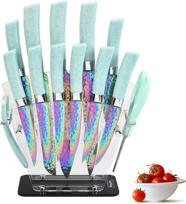 Rainbow Knife Set with Acrylic Block, Kitchen Knives Set, Thick Blade Cutlery for Home & Pro Use, Teal Handle