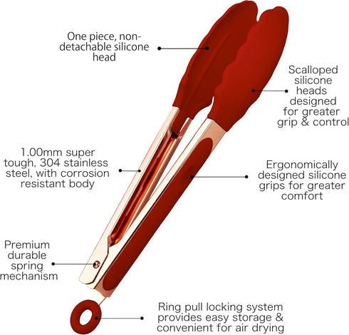 COOK WITH COLOR Stainless Steel Silicone Tipped Kitchen & BBQ Tongs Set, 2 Pc Tongs in Red