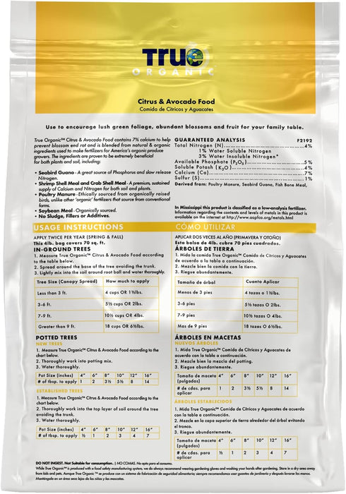 4lb 70 True Organic Citrus & Avocado Food Organic Fertilizer for Lush Foliage and Abundant Fruit Bag Covers Sq. Ft.