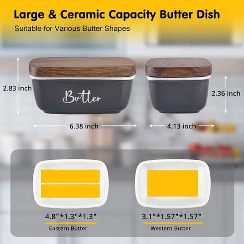 Gray Butter Dish, ALELION Large Ceramic Butter Dish with Lid for Countertop, Butter Container with Acacia Wooden Lid, Modern Country Kitchen Decor and Accessories for Counter, for Kitchen Gifts