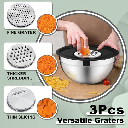 P&P CHEF Set of 6 Mixing Bowls with Black Lids, Stainless Steel Nesting Salad Bowl & 3 Grater Attachments for Prepping