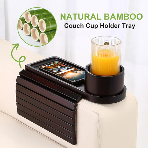 360 Couch Cup Holder,Bamboo Couch Arm Tray with Rotating Cup Holder,Foldable Anti-Slip Sofa Arm Chair Tray for Eating