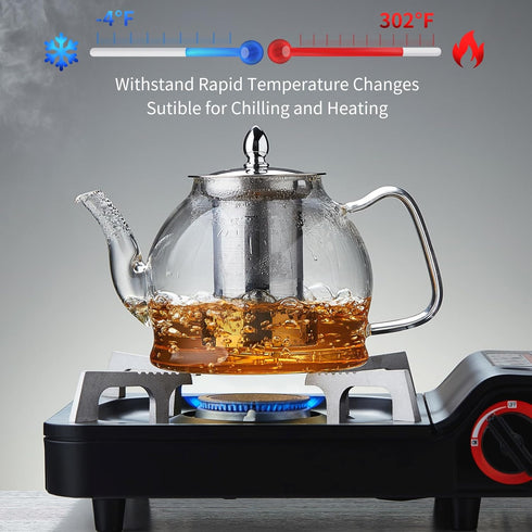 Glass Teapot, Stovetop Safe 34oz Borosilicate Kettle with Loose Leaf Tea Strainer for Blooming Tea