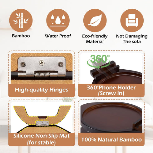 360 SINWANT Couch Arm Table, Bamboo Round Sofa Clip on Tray with Phone Holder,Foldable Couch Armrest Table Eating on