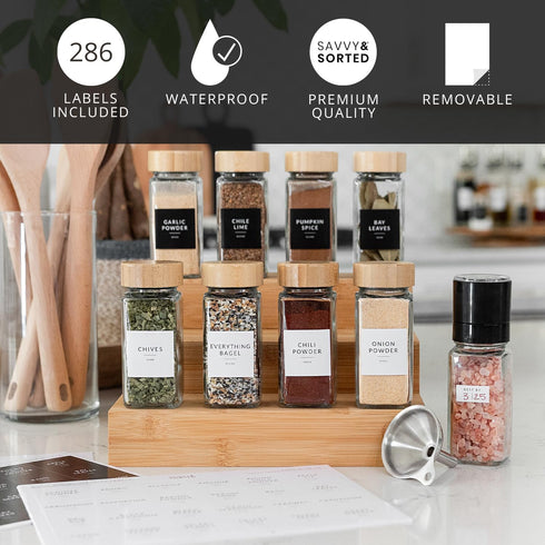 24PK Set 4oz, 374 SAVVY & SORTED Glass Spice Jars with Label, Bamboo Jar Spices Spice Labels, Pepper Grinder, Empty