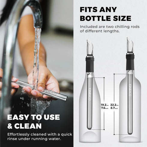Wine Chiller Set with 2 Chill Rods + Foil Cutter - Premium 3in1 Stainless Steel Bottle Cooler Stick, Decanting Aerator