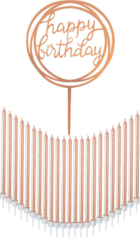24 Count Tall Thin Metallic Rose Gold Birthday Candles with Holders, Elegant Classy Cake Topper for Custom Birthday Cake