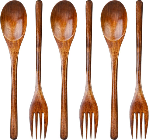 6Pcs Wooden Spoons Forks Set, Reusable Wooden Utensil Set for Stirring Cooking Camping, Wooden Cutlery