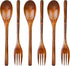 6Pcs Wooden Spoons Forks Set, Reusable Wooden Utensil Set for Stirring Cooking Camping, Wooden Cutlery