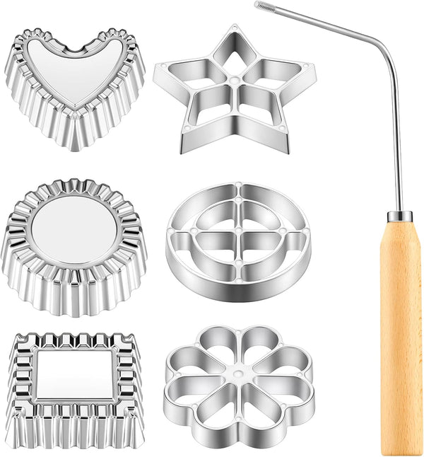 7 Pcs Achappam Mold Bunuelos Mold with Handle, Aluminum Rosette Maker Set for Interchangeable Head Kitchen Baking, 6
