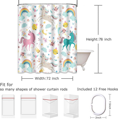 Emvency Shower Curtain - Kids Rainbow Blue Pattern Unicorns, Pink Baby Girl, Waterproof Polyester Fabric